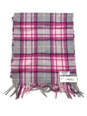 New Lona Scott Pure Cashmere Tartan Scarf MacKellar Pink Grey 60x12 Fringe Plaid